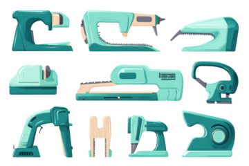 Collection of green and blue hand tools featuring various styles and functions arranged artistically for display and organization