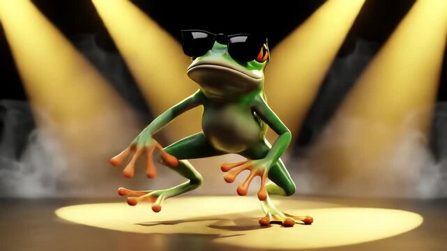 Energetic 3D rendered green frog character with sunglasses and headphones performing a cool Frog Dance on a spotlighted stage