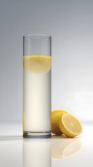Pulp-free lemon juice in tall glass, minimal design, space left clear for nutritional claim.