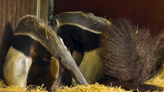 Close up of two large anteaters sitting together, grooming and scratching them self's.