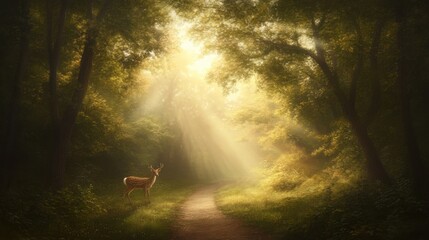 Majestic deer in sunlit forest pathway surrounded by lush greenery