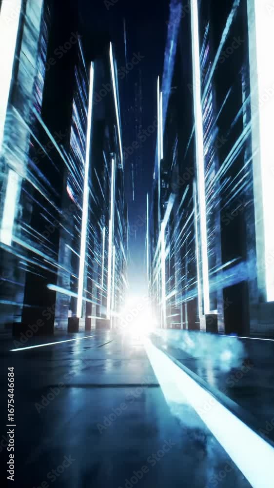 Poster dolly out video through a luminous, ultra-modern thoroughfare flanked by towering screens with abstr