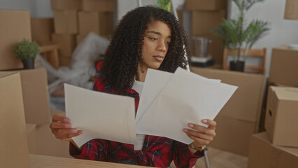 Woman holding several papers and examining them among stacked cardboard boxes in an office...