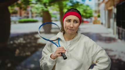 Woman holding tennis racket looking thoughtful in a city street background, wearing a red headband...