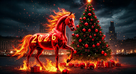 Obraz premium Fiery horse with 2026 on its body next to a decorated Christmas tree with presents 