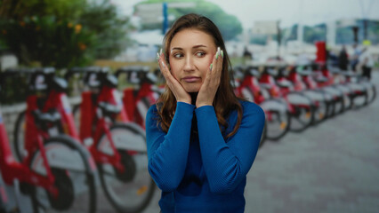 Woman wearing voting badge looking worried on city street with bicycles in background, representing civic engagement in the united states.
