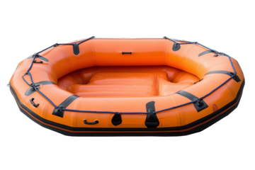 Emergency raft isolated on a transparent background, showcasing its vibrant orange color and durable construction for safety in aquatic situations