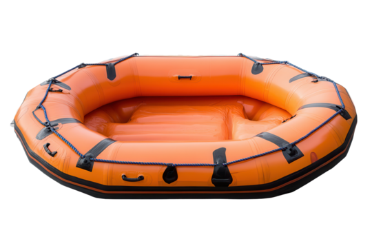 Emergency raft isolated on a transparent background, showcasing its vibrant orange color and durable construction for safety in aquatic situations