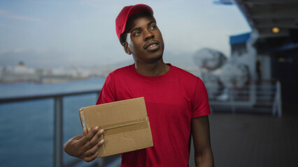 Man holds package against his chest and looks up at deck railings inside building corridor; service...