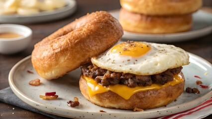 Savory Classic Beef And Cheese Breakfast Doughnut Filled With Egg, Creating A Unique Morning Sandwich That Combines Comfort, Flavor, And Gourmet Indulgence In Every Bite
