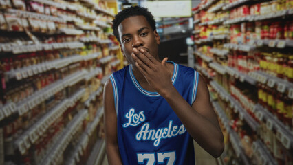 Man wearing blue jersey blows kiss with hand in supermarket building aisle surrounded by shelves...
