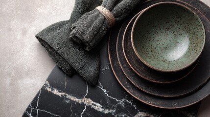 A flat lay of black marble counter with forest green ceramics, textured napkins, clean layout with negative space