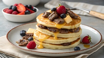 Delicious Classic Beef And Cheese Breakfast Pancake Paired With Fresh Berries, Blending Savory And Sweet Flavors Into A Unique Morning Dish Full Of Comfort And Gourmet Appeal
