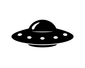 Simple black and white illustration of a flying saucer or UFO craft