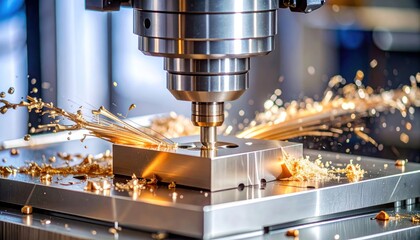 CNC Milling Machine Cutting Metal with Sparks, Industry, and Workshop.