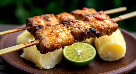 Bolivia &ndash; Anticucho de Surubi (Catfish Skewers). large chunks of Amazonian catfish on wooden skewers, marinated in lime and chili, grilled over jungle wood fire 