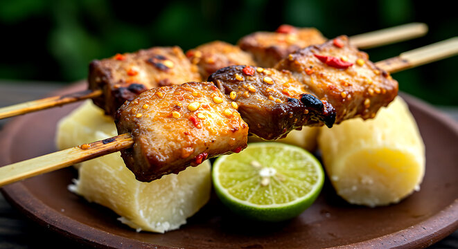 Bolivia &ndash; Anticucho de Surubi (Catfish Skewers). large chunks of Amazonian catfish on wooden skewers, marinated in lime and chili, grilled over jungle wood fire 