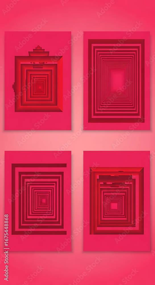 Poster four abstract geometric posters with nested square shapes in shades of red