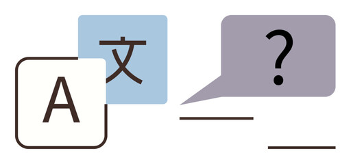Alphabet letter, foreign character block, and speech bubble with question mark represent language, communication, AI assistance. Ideal for translation, education, software, globalization