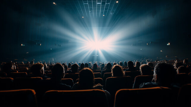 Viewers people are enjoying interesting movie on big empty screen copyspace in dark cinema looking with attention. Template, entertainment and films concept.