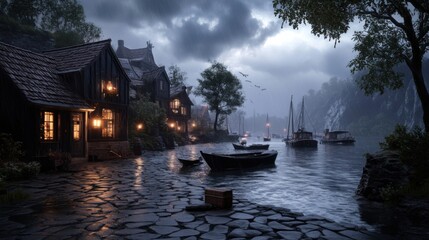 Charming rainy seaside village at twilight with boats and cozy cottages