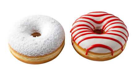 Two delicious donuts one covered in powdered sugar and the other with red icing isolated on transparent background