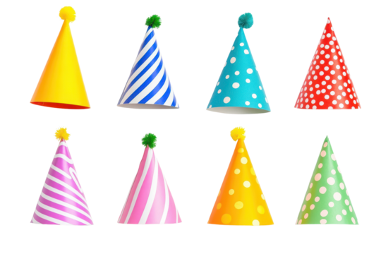 Vibrant collection of festive party hats showcasing playful designs including stripes, dots, and solid colors for joyful celebrations and gatherings