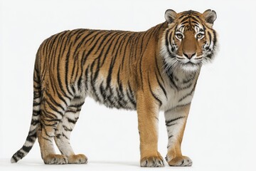 Tiger standing, full view, against white