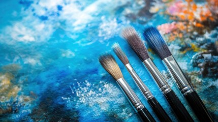 Fototapeta premium Four paintbrushes resting on textured painted canvas in studio