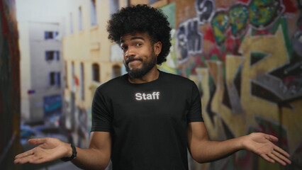 Man in staff uniform with afro shrugging on graffiti street background outdoors in city environment expressing confusion with urban art visible.
