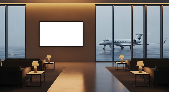 Luxury Private Jet Lounge With Tarmac View And Blank Screen