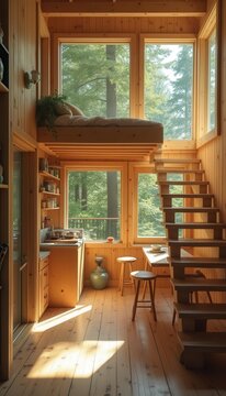 Serene wooden cabin interior with loft bed and kitchen counter