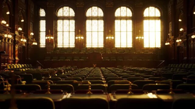 Government building interior with sunlight through windows
