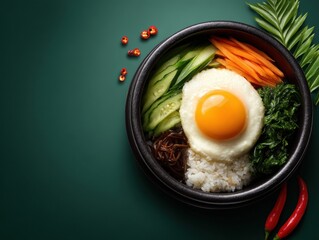 Traditional Asian rice bowl with fried egg fresh vegetables herbs spicy chili peppers and colorful garnishes served on green background