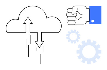 Cloud with up and down arrows, gears, clenched hand in suit sleeve. Ideal for technology, cloud services, data transfer, business process, control innovation productivity. Minimal flat metaphor