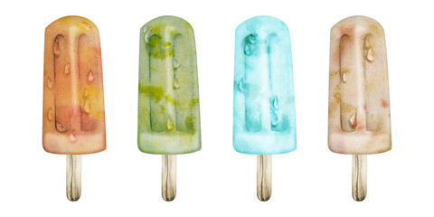 Mix of mold homemade ice pops on stick in assorted flavors, frozen popsicle, refreshing summer snack food with water drops. Isolated illustration hand drawn in watercolor. Product wrap, eco menu art