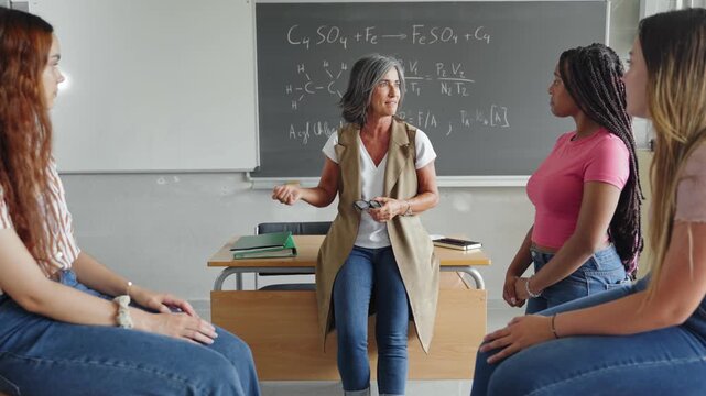 Teacher mentor speaking to teenager high school students listening inspiring motivational talk