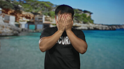Young chinese man in security shirt clutch chest on beach beside rocky seaside huts; health...