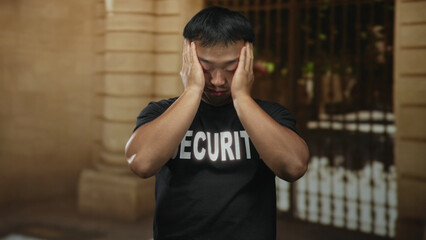 Man security guard wearing black tshirt covers face with hands at historic building entrance;...