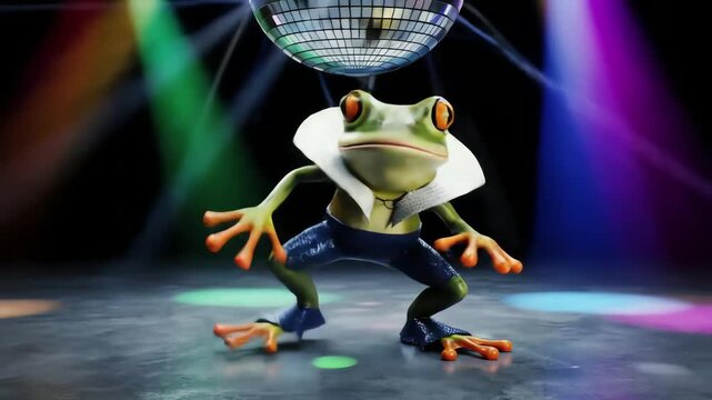 Experience the ultimate disco fever as a charismatic frog busts out some amazing moves in a spectacular frog dance, creating a lively and unforgettable party scene