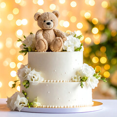 Festive two tiered cake with teddy bear