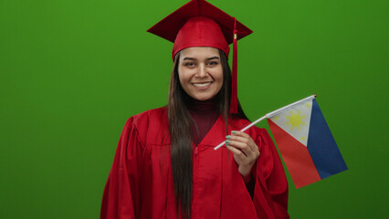Woman in red graduation gown holding philippine flag against green background, smiling confidently...