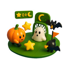 Fototapeta premium Cute 3D Pumpkin Soccer Match — Ghost Goalkeeper, Bat Referees & Star Balls (Transparent Background)