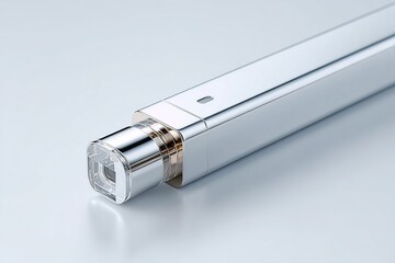 High key product shot showing minimalist tech device with clean lines and metallic sheen on white background, futuristic aesthetic, suitable for professional business use, technological innovation