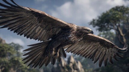 Obraz premium A majestic eagle soars through a dramatic, misty landscape.