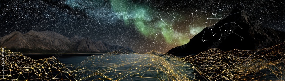 Poster alaska-themed drone light show choreographed by ai, featuring captivating visuals and innovative tec