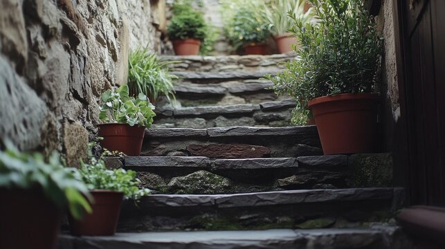Multiple plants in terracotta pots on stone stairs outdoors - Powered by Adobe