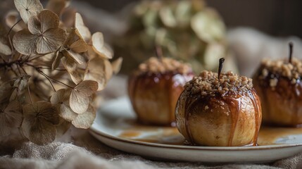 Baked apples with honey drizzle, dried hydrangeas in muted tones, cozy seasonal setting, copy space