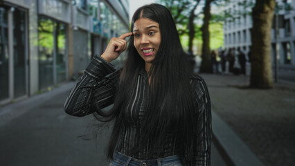 Fototapeta premium Young latin woman in striped shirt with long black hair points finger to head on urban street; mischief.