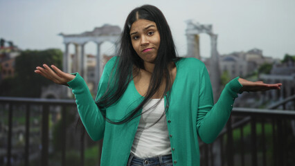 Young latin woman shrugs open palms with puzzled expression in front of ancient building ruins;...